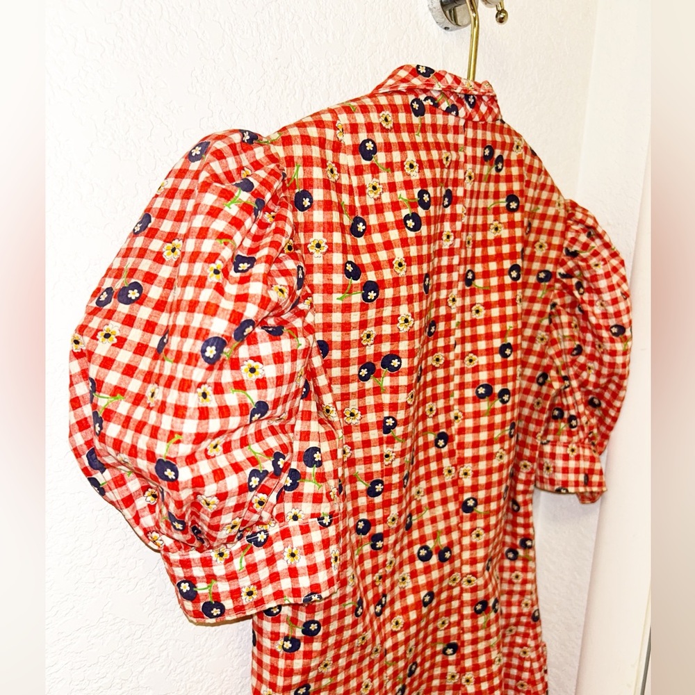 VINTAGE Handmade Seersucker Gingham & Blueberries Collared Mini Dress SZ: SMALL - Picture 9 of 11